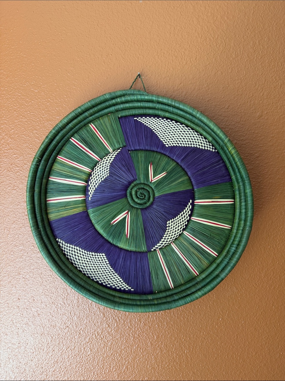 Handwoven Decorative Wall Basket in Green & Purple (14” Diameter)